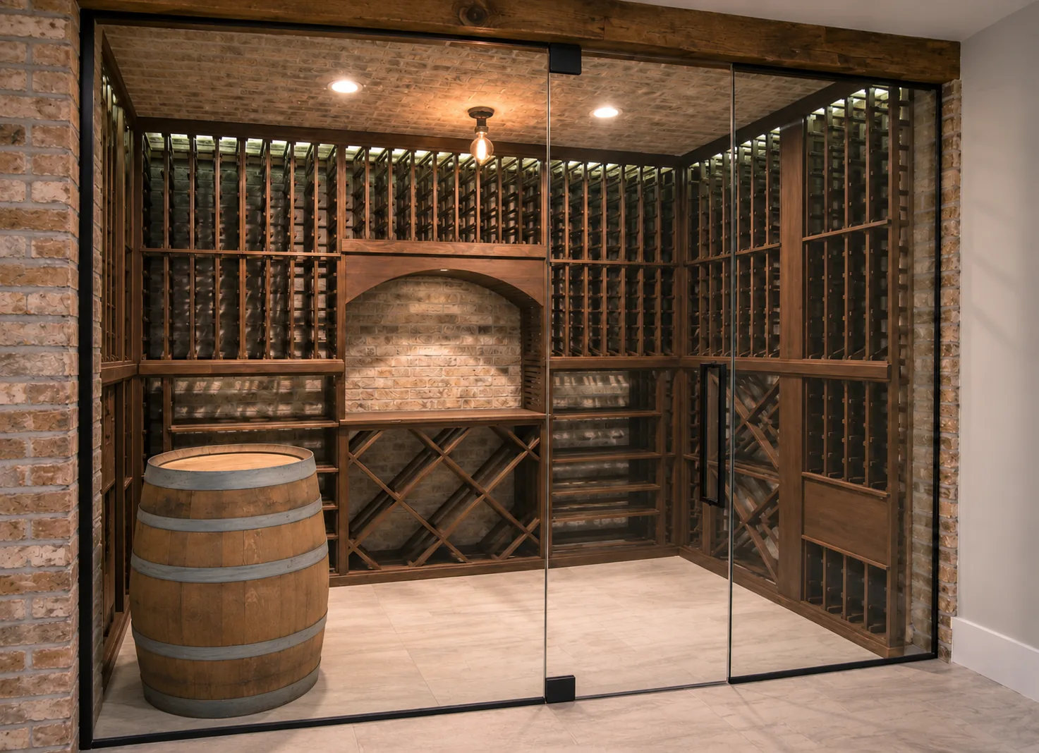 Frameless glass enclosure across a stone wine cellar with wood bottle racks, a barrel and an arched niche.